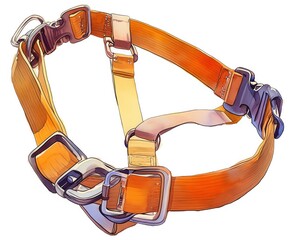 A minimalist watercolor of a fall arrest harness, webbing and clips for high work, lifesaving design, vivid watercolor, white background, isolate