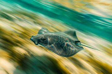 A photograph capturing the graceful movement of a stingray gliding through the waters near Heart...
