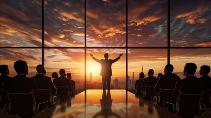 Silhouette of a successful businessman with a team at a meeting