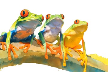 Naklejka premium A playful depiction of a group of neon tree frogs, on a branch, not reptiles but often in their company, bright neon colors against a night sky, vivid watercolor, white background, isolate