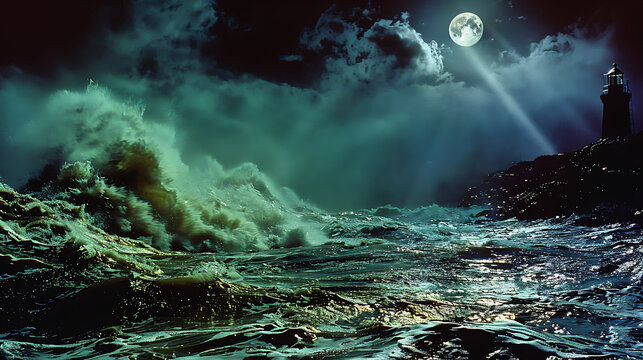 A moonlit seascape with a lighthouse on a cliff, guiding light beams cutting through the fog over turbulent ocean waves, creating a mysterious and dramatic atmosphere. - (2)