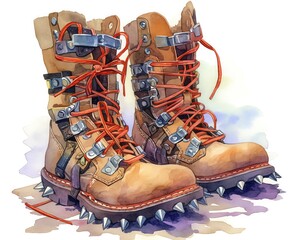 A playful depiction of steeltoed boots, rugged leather with metal tips, tough and protective, vivid watercolor, white background, isolate