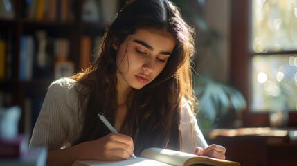 young woman with long dark hair intently writing in notebook at wooden desk