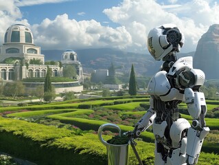 A robot is standing in a garden with a watering can. The robot is white and has a metallic appearance. The garden is lush and green, with many plants and flowers. The scene gives off a sense of wonder