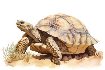 A rustic illustration of a desert tortoise, plodding along a sandy trail, shell textures in earth tones, vivid watercolor, white background, isolate