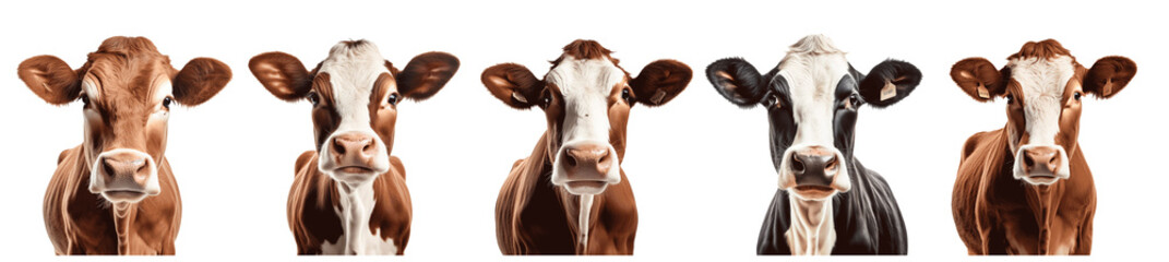 A row of cows with different colored faces Set of png elements.