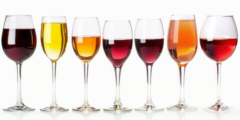 An elegant lineup of various types of wine glasses, showcasing a gradient from white to deep red, reflecting the diverse palette of wine offerings.