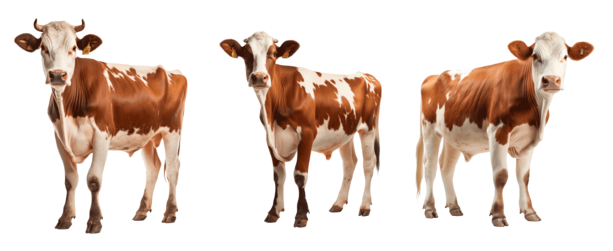 Three cows standing in a row, one of which has a tag on its ear Set of png elements.