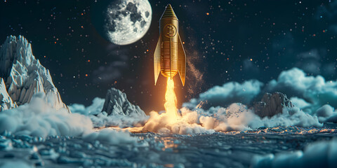 A Futuristic Rocket Launch into the Night Sky