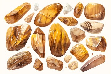 A rustic illustration of Tiger s Eye stones, the fibrous structure creating a silky luster, golden and earthy, white background, vivid watercolor, 100 isolate