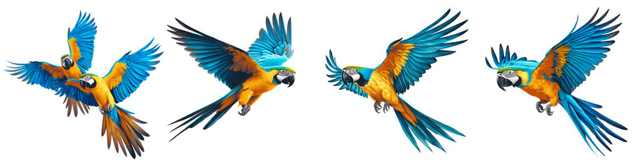 Four birds flying in the air with blue and yellow feathers Set of png elements. - Powered by Adobe