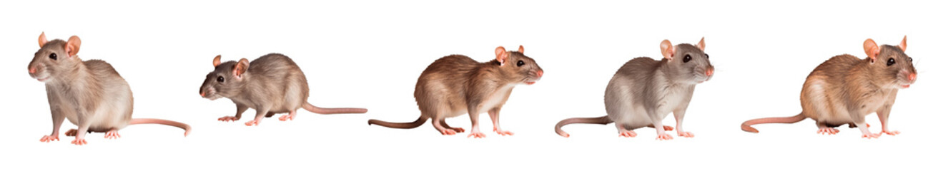 A row of five rats are sitting on a white background Set of png elements.