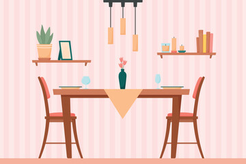 Modern dining room interior with set table, chairs, ceiling light, vase, shelves. Vector flat background template illustration