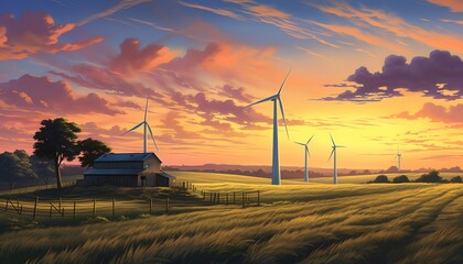 A serene dawn over a farm, where the early light reflects off the solar panels and silhouettes the wind turbines, creating a peaceful energy landscape
