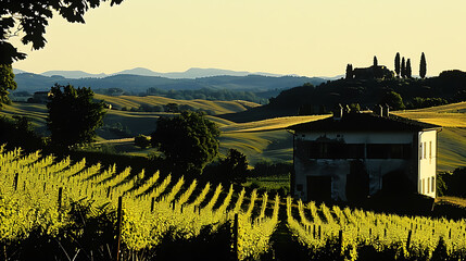 A sweeping view of the Tuscan hills during sunset, with rolling hills, vineyards, and scattered farmhouses illuminated by the golden sunlight, creating a warm and inviting atmosphere. - (3)