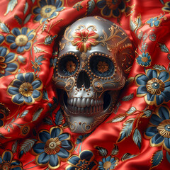 Mobile phone wallpaper featuring a skull on red fabric with scarlet flowers.