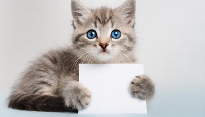 very cute blue eyes kitty holding a blank of paper with its paw.