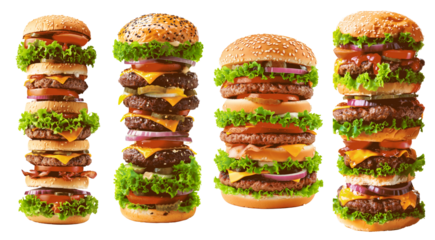 A series of hamburgers stacked on top of each other Set of png elements.