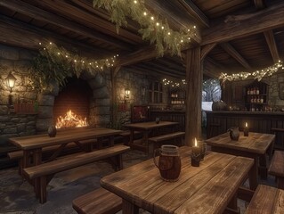 A cozy, rustic restaurant with wooden tables and benches, and a fireplace in the background. The atmosphere is warm and inviting, perfect for a meal or gathering with friends and family