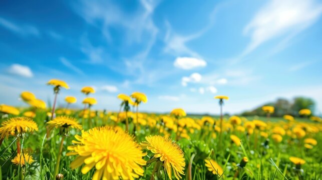 Beautiful field with yellow dandelions blooming against blue sky background. AI generated image