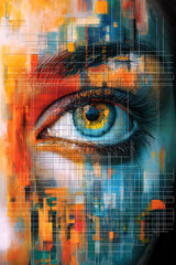 Abstract eye art with colorful mosaic pattern. Digital painting of an eye amidst a vivid abstract background
