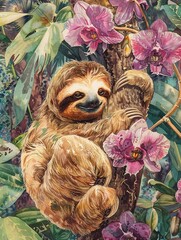 Serene scene of a lovely sloth among orchids on a tree, vibrant watercolor in bright pastel hues, hand drawn