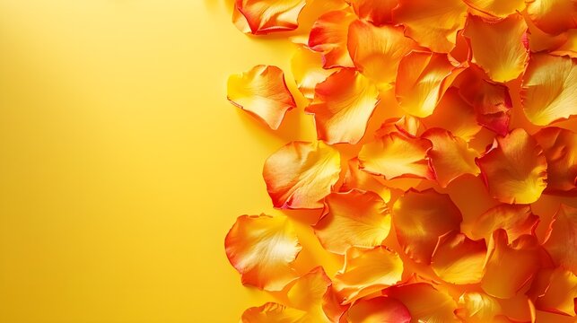 Rose petals on plain background, dried rose petals on grunge background, vibrant and bright rose petals