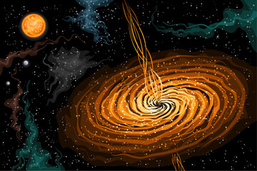 Vector Space Black Hole, astronomical horizontal poster with cartoon design of supermassive black hole with orange beams in deep space, decorative futuristic cosmo print on starry space background