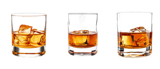 Three glasses of liquor with ice cubes in them Set of png elements.