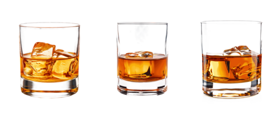 Three glasses of liquor with ice cubes in them Set of png elements.