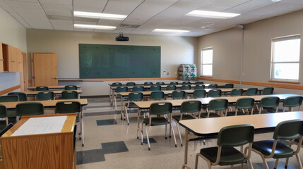 A classroom with a green chalkboard and green chairs