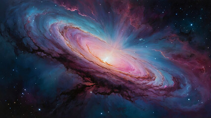 A painting of a spiral galaxy with a bright light at the center - obrazy, fototapety, plakaty