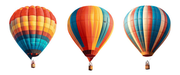 Three hot air balloons with different colors and patterns Set of png elements.