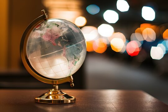 Translucent globe on golden stand with warm backdrop and bokeh lights, representing global urban setting