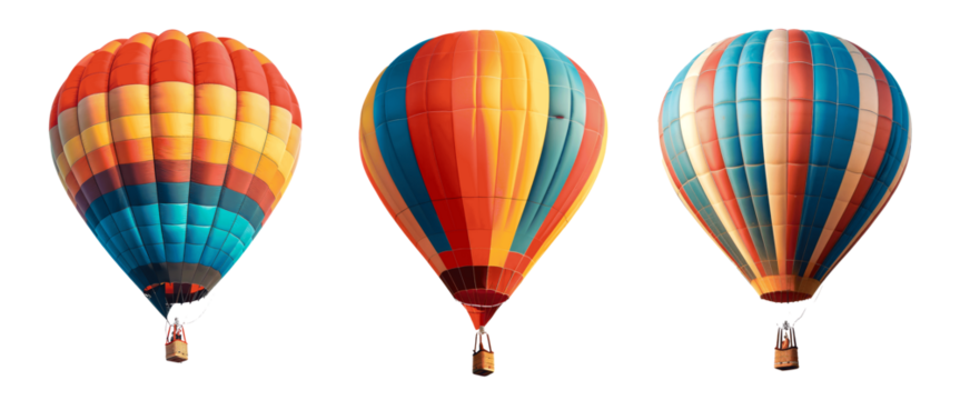 Three hot air balloons with different colors and patterns Set of png elements.