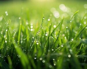 Closeup of a natural grass border with dew drops in the early morning light, emphasizing the freshness and natural beauty of the lawn