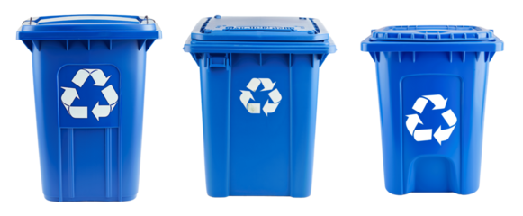 Three blue recycling bins with white recycling symbols on them Set of png elements.