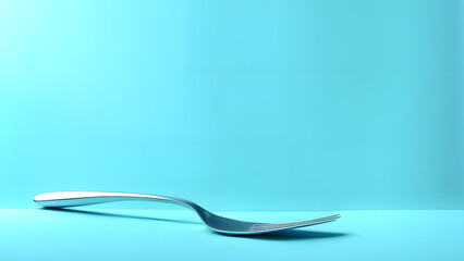 A silver fork on a blue background. The fork is bent at a slight angle, and the blue background is very bright and clear