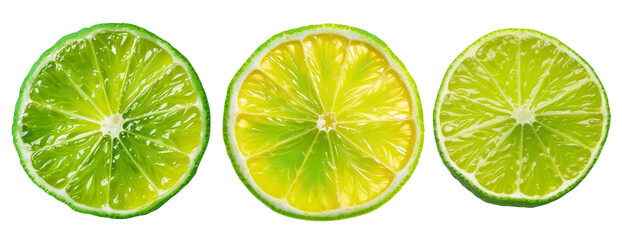 Three slices of lime with a yellow center Set of png elements.