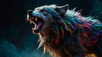A wolf with rainbow colored fur is shown with its mouth open, showing its teeth