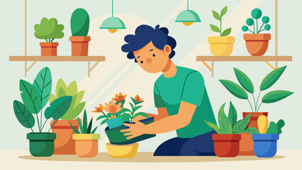 A young botanist carefully grooming their indoor garden filled with a variety of potted plants theyve collected and nurtured. - obrazy, fototapety, plakaty