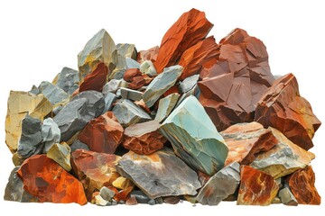 Dynamic rock borders, chaotic piles creating natural art, vivid colors captured in high detail, isolated on white background
