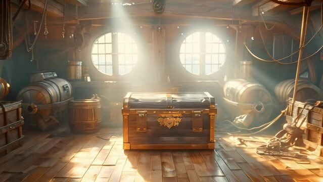 Sunlit Pirate Ship's Hold with Treasure Chest and Cannons. Concept Pirate Themed Photoshoot, Treasure Chest Props, Cannon Props, Sunlit Setting