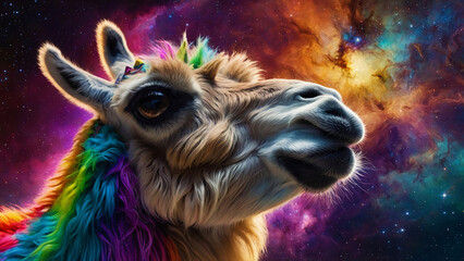 Fototapeta premium A colorful camel with rainbow fur is staring at the camera