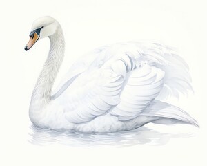 Elegant swan feathers, white and pristine, gently unfurling along the edges, captured in serene detail, isolated on white background, watercolor