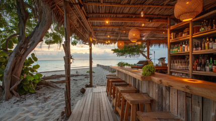 A beach bar with a wooden counter and stools