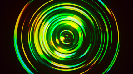 Colorful concentric neon circle. Multicolor RGB swirl background. Neon futuristic abstract magic circle. Spiral illustration. Wavy pattern. 3D rendering.