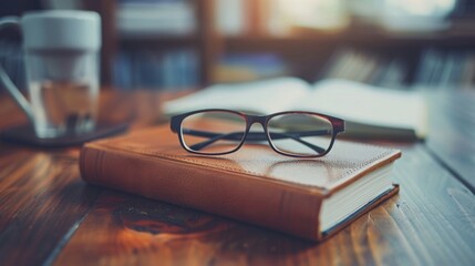 A pair of glasses rests on a leather-bound journal, an evocation of quiet contemplation and study.