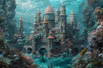 Underwater castle made of bubbles, mermaid friends, treasure hunts, aquatic fantasy