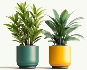 Modern potted plants, sleek designs featuring bold, architectural forms, vivid colors captured in high detail, isolated on white background